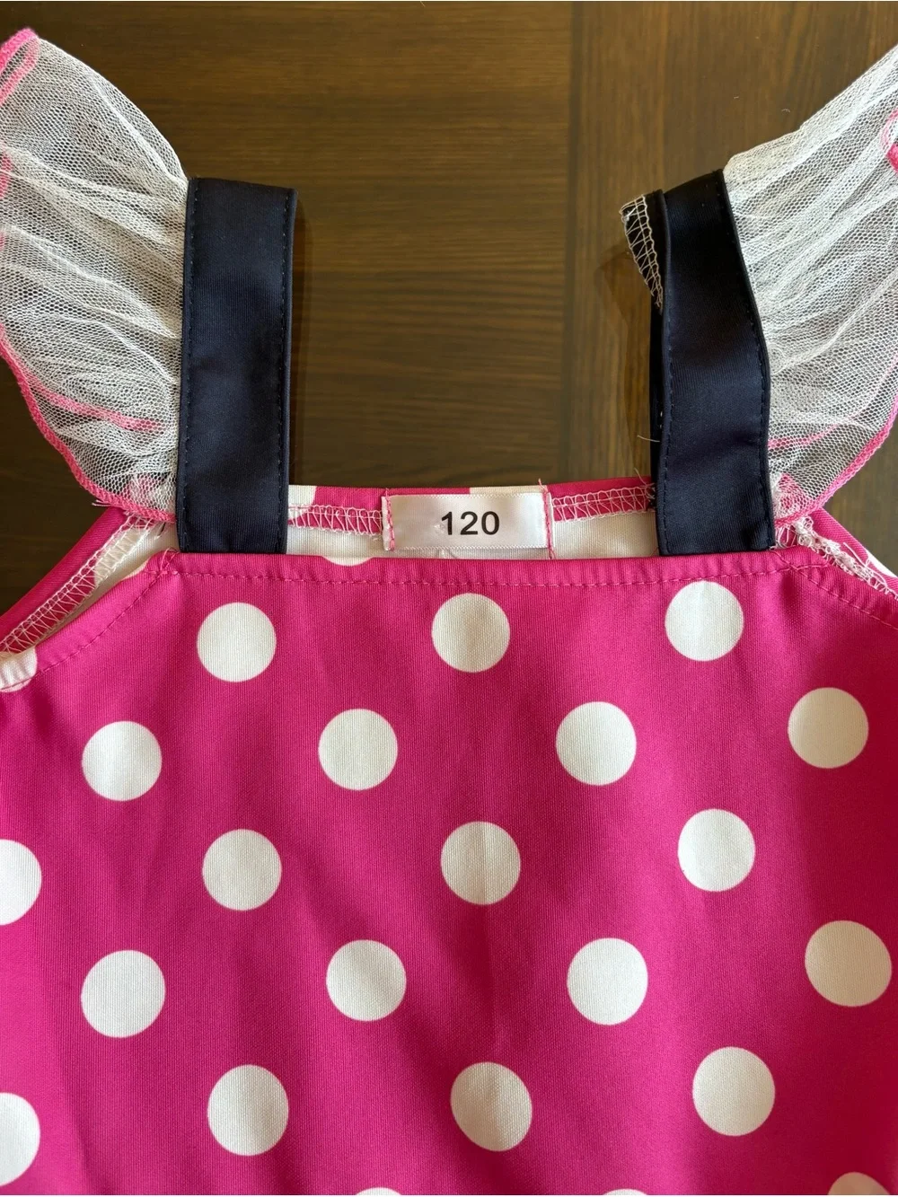 Kids Pink Polka Dot Dress with Navy Straps size 120